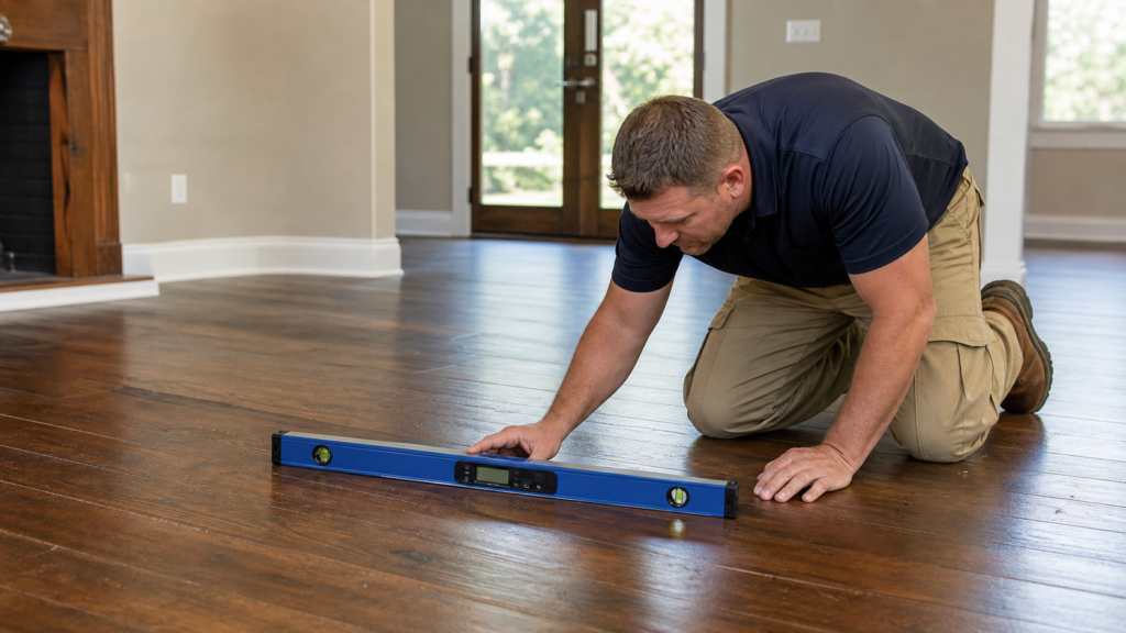 Wide realistic interior photo of a Beaumont home, foundation specialist checking an uneven hardwood floor with a digital level
