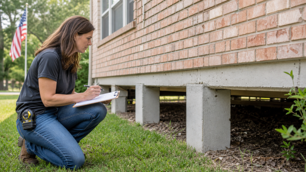 Beaumont Texas homeowner and foundation inspector reviewing an exterior checklist beside a raised brick home