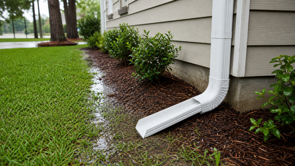 Beaumont Texas home after rain showing clear gutters, extended downspout and properly draining yard near a slab foundation