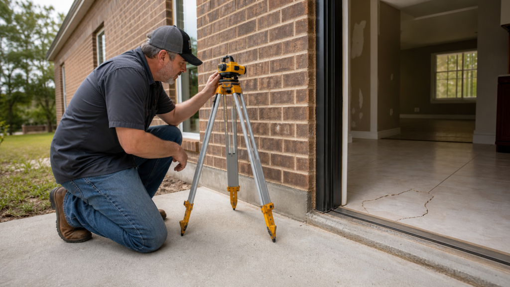 Realistic construction photo of a Beaumont Texas slab foundation inspection with elevation equipment and visible tile cracking indoors