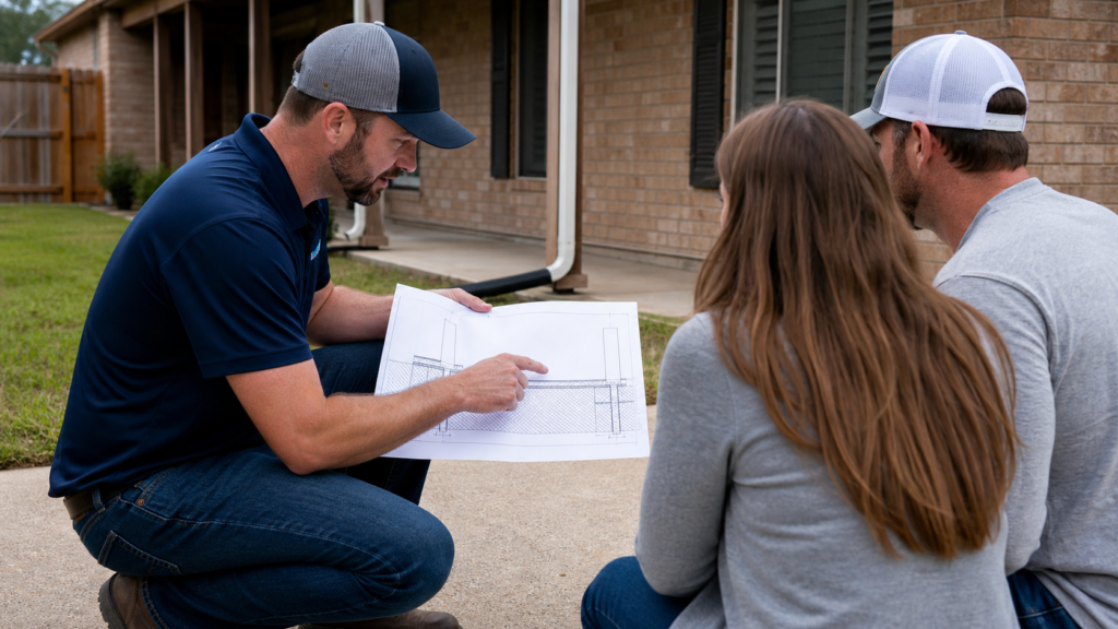 Beaumont Texas foundation contractor explaining a slab repair plan over an elevation diagram to homeowners