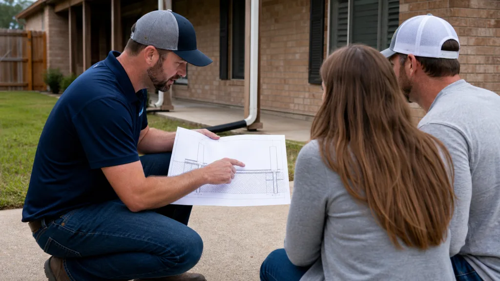 Beaumont Texas foundation contractor explaining a slab repair plan over an elevation diagram to homeowners