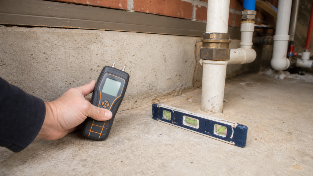 Beaumont home slab inspection showing moisture meter and foundation level near indoor plumbing, no flooding