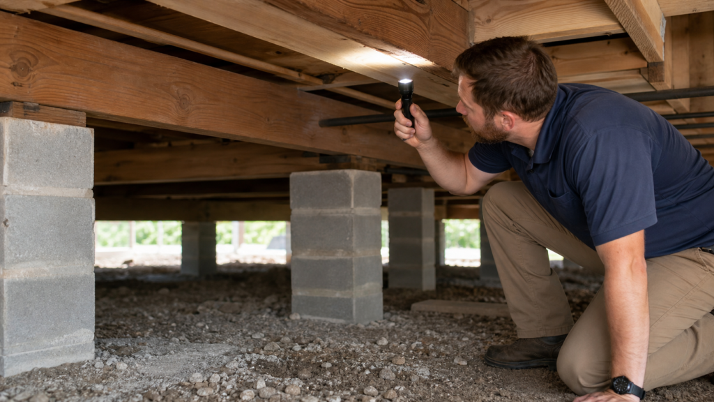 Realistic crawlspace beneath a Beaumont Texas pier and beam home, inspector examining wood beams and masonry piers with safe lighting