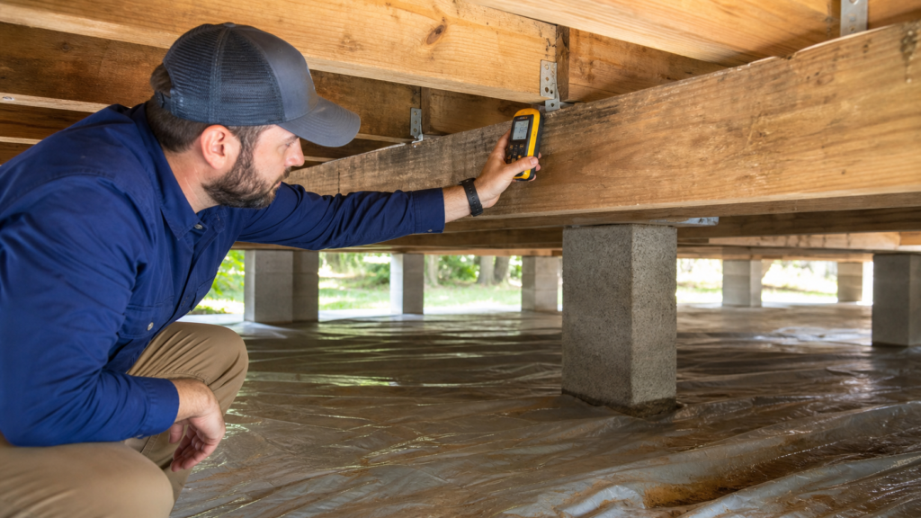 Clean crawlspace inspection beneath a Beaumont Texas home after rain, moisture meter on a wood beam