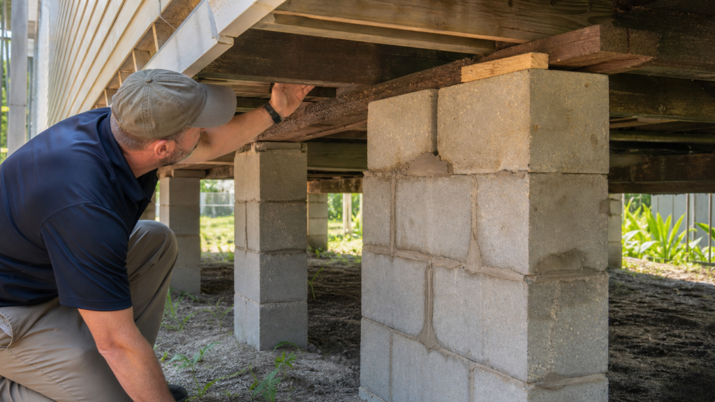 Beaumont Texas block and base foundation inspection beneath a raised house, aligned masonry supports visible