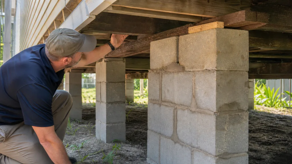 Beaumont Texas block and base foundation inspection beneath a raised house, aligned masonry supports visible