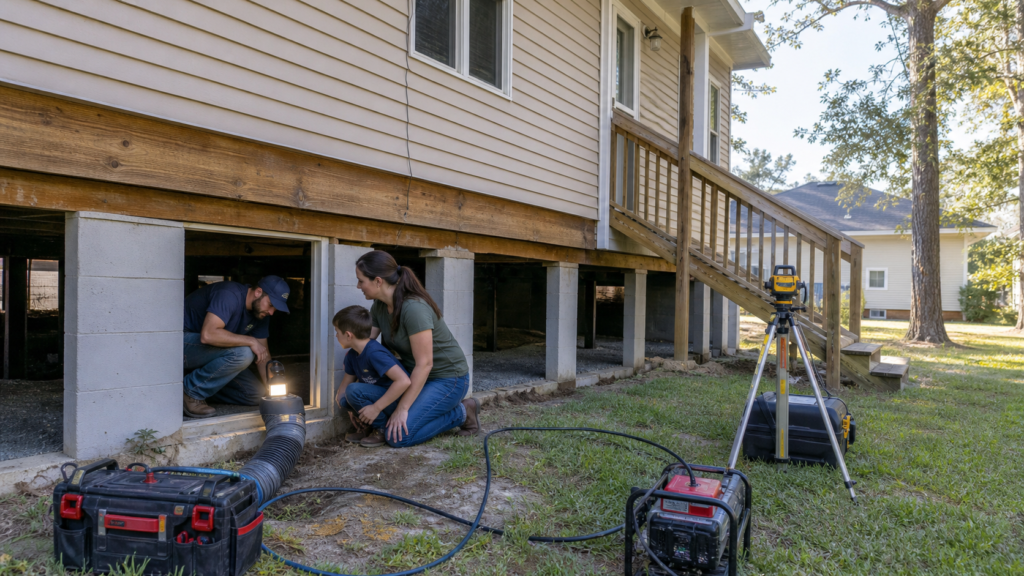 Realistic Beaumont Texas family preparing a raised home for foundation work, clear crawlspace access and organized contractor equipment