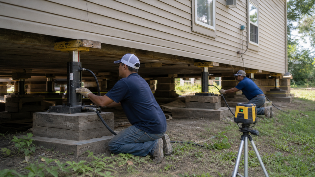 Beaumont Texas house leveling crew using hydraulic jacks and laser levels beneath a raised home