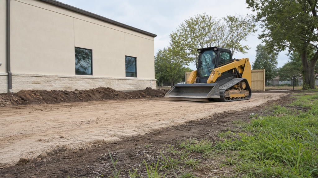 Realistic split-scene construction photograph of leveling and stabilization work on a Beaumont Texas foundation, no text