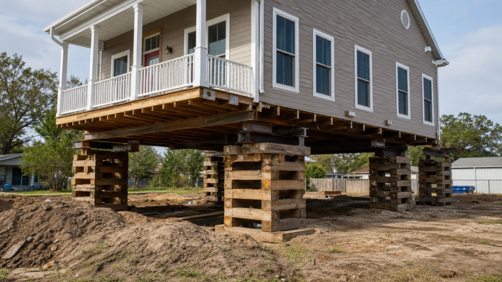 Wide photo of a Beaumont Texas raised home carefully supported during professional house lifting work