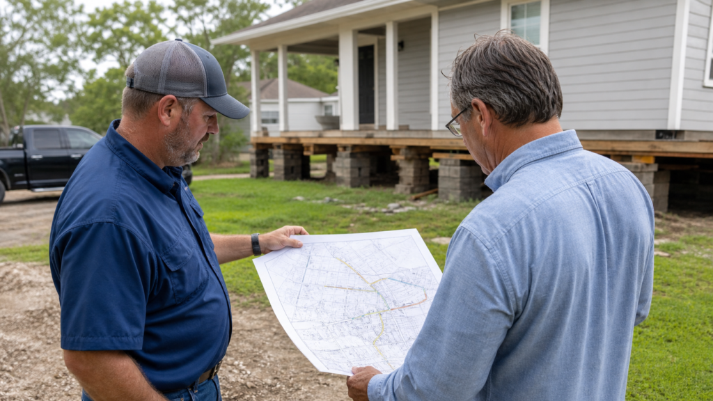 Beaumont Texas house lifting planning meeting outdoors, contractor reviewing utility and access map with homeowner