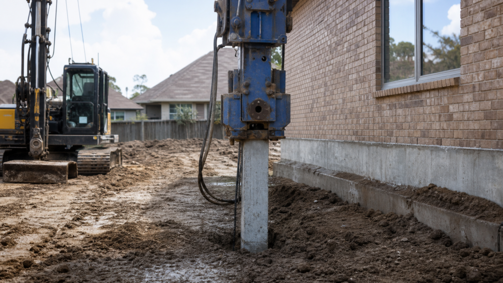 Close construction photo of pressed concrete piling installation beside a Beaumont Texas slab home