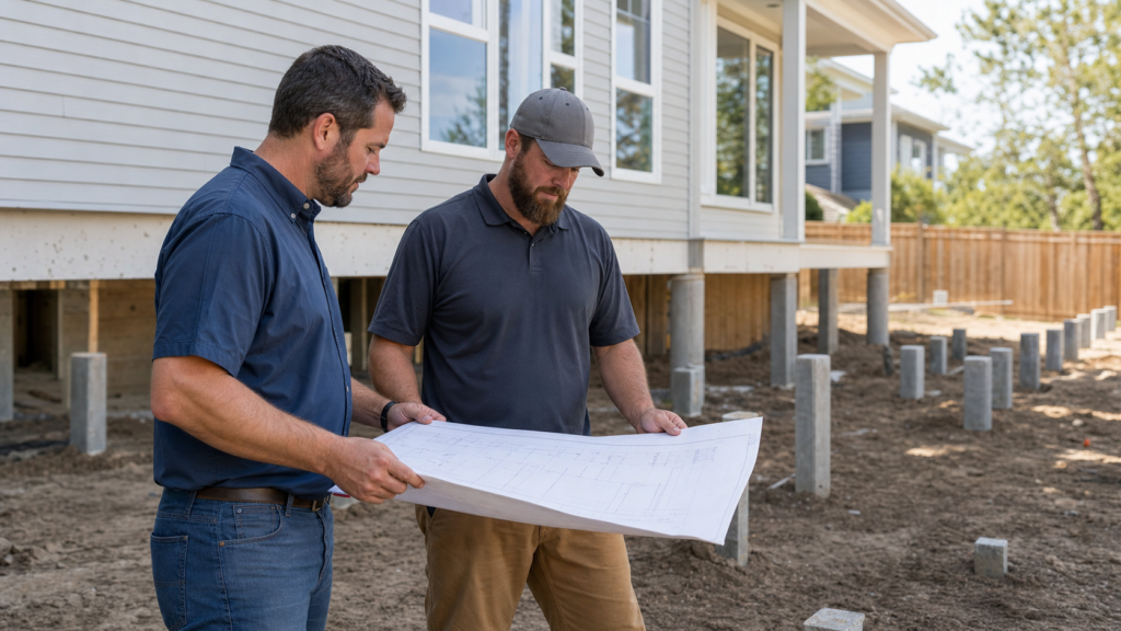 Realistic Beaumont homeowner reviewing a pressed piling layout with foundation contractor at a clean residential job site