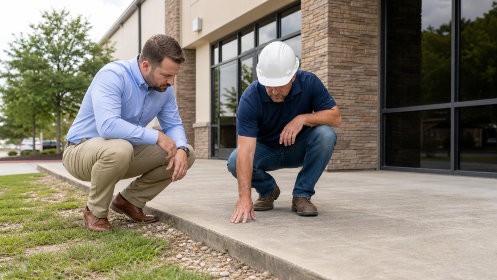 Beaumont Texas commercial building exterior with property manager and foundation specialist inspecting a slab edge