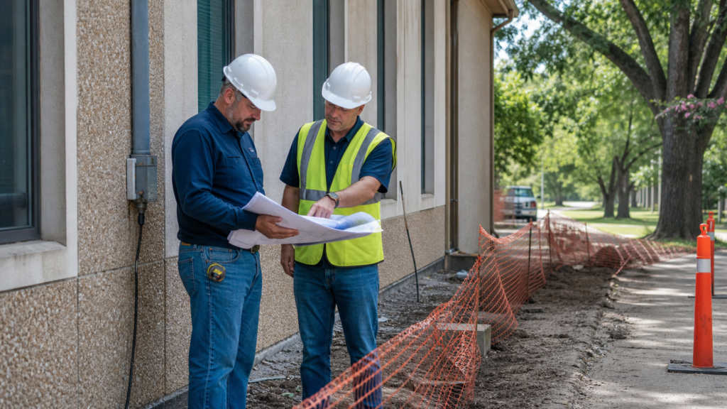 Beaumont Texas commercial foundation repair planning scene with site manager, contractor and safety barriers