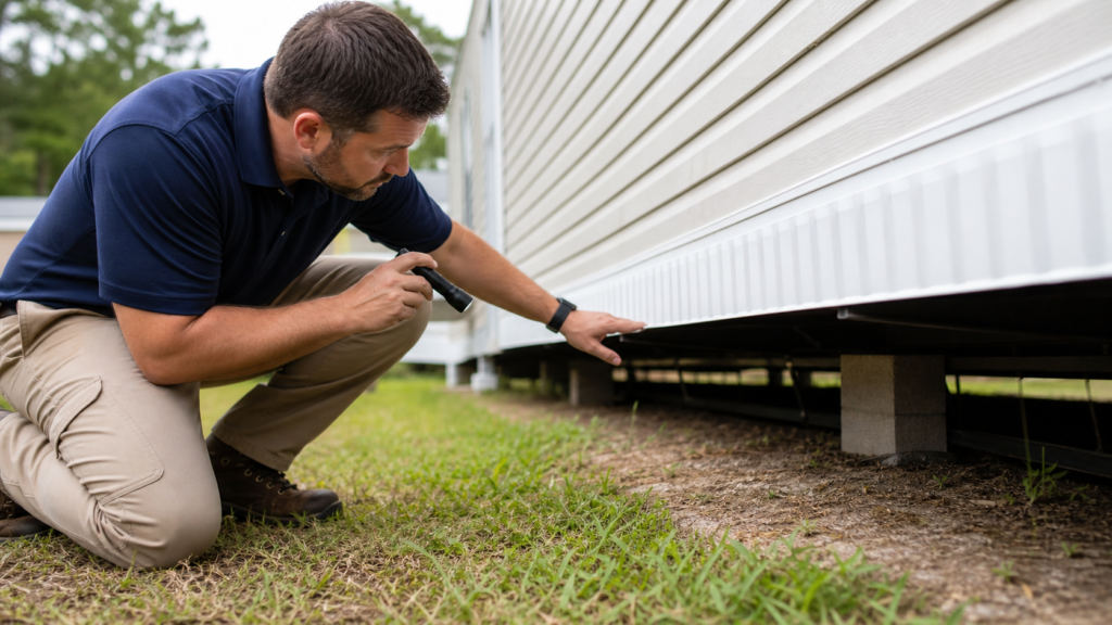 Beaumont Texas mobile home foundation inspection with technician checking supports and level beneath clean skirting