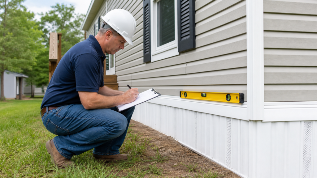 Realistic daylight photograph of a Beaumont Texas mobile home exterior inspection checklist, level and clipboard visible