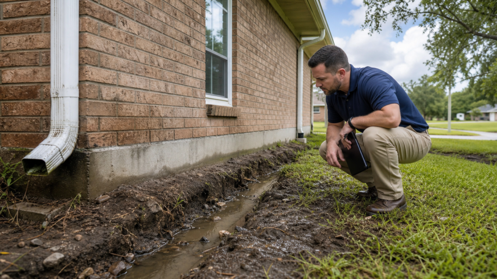 Vidor Texas home after heavy rain, foundation inspector observing drainage and minor soil erosion under clearing skies