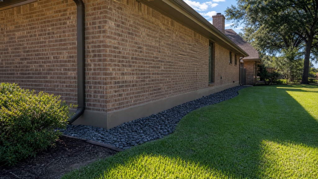 Well-maintained Nederland Texas brick home with clean drainage and foundation perimeter in natural daylight