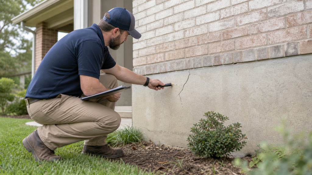 Realistic Pinewood Estates Texas suburban home exterior with foundation professional documenting a subtle masonry crack