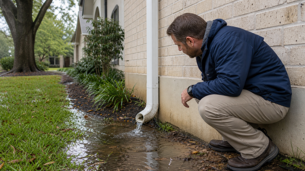 Central Gardens Texas home after rain with contractor inspecting gutter discharge and foundation drainage